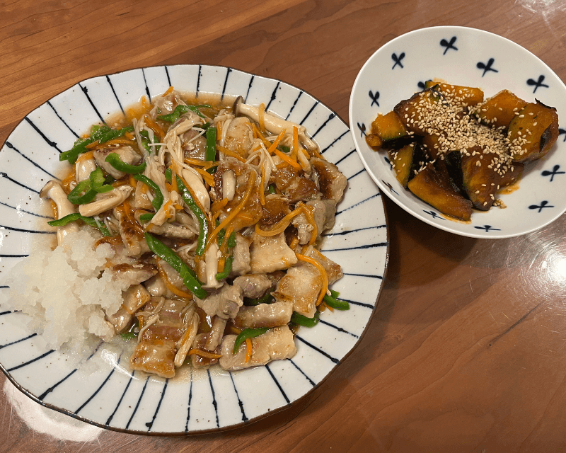 豚肉の炒め物大根おろし添え&大学かぼちゃ