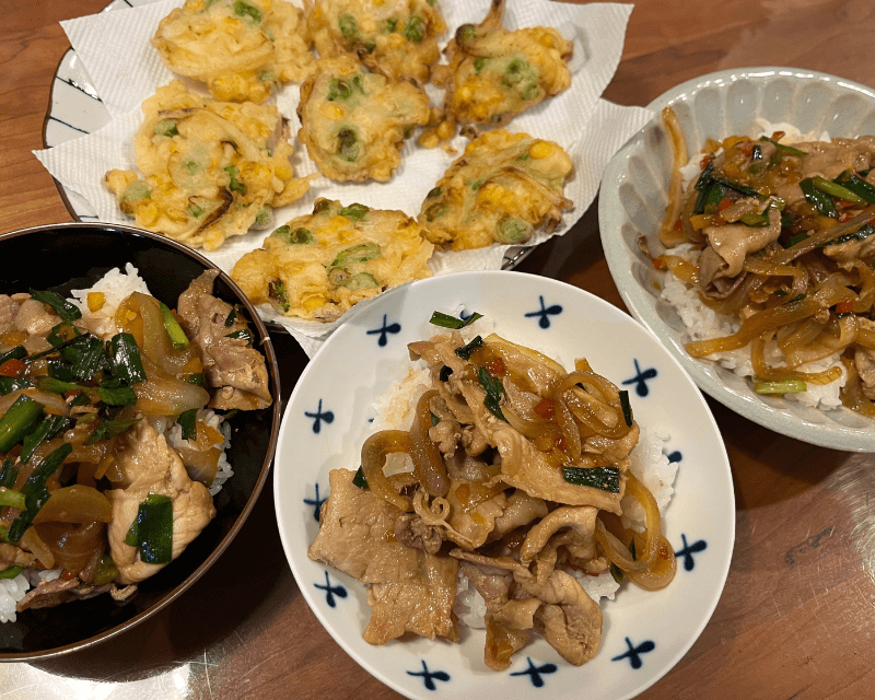 4種野菜の豚丼&枝豆とコーンのかき揚げ